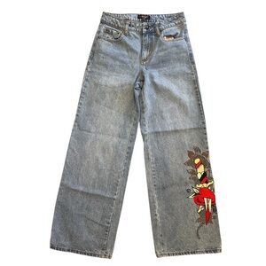 Ed Hardy Stylish Blue Jeans with Red Graphic Design